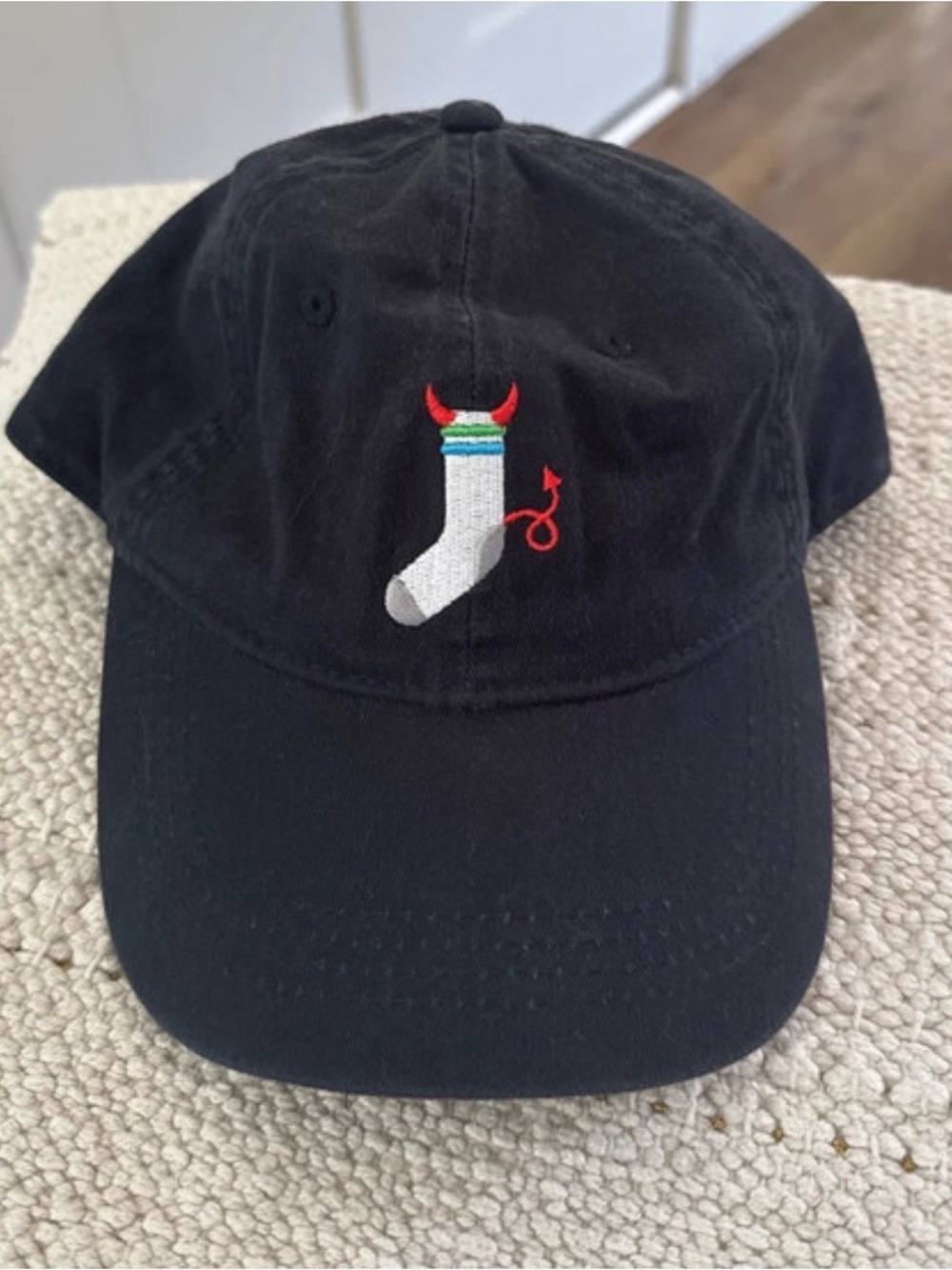 Pseudo Dudo Black Hat with White Sock Embroidery and Devil Accents